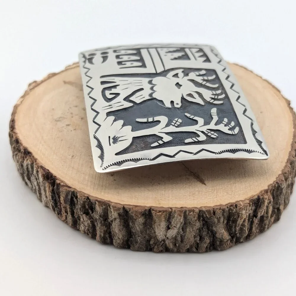 Native American Sterling Silver Belt Buckle Overlay Design Collectible Jewelry**